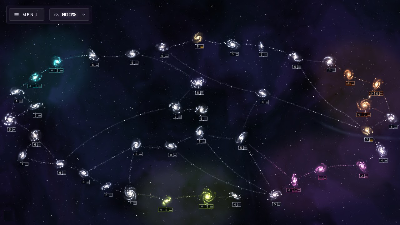 A match: four players' galaxies spread over a world map, joined by connectors